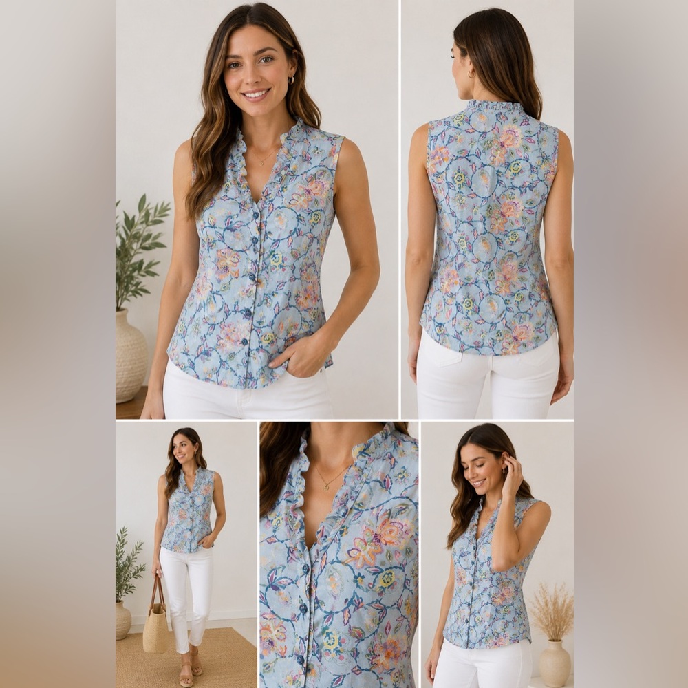 Bariloche Donegal Floral Blouse NWT Women 38 Small Ruffle Cotton Made Spain Blue